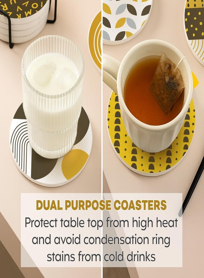 Decor & More - Ceramic Coasters with Matt Finish On Top & Cork Base | Coasters for Cups Set of 6 | Marble Style Ceramic Coaster for Tea, Coffee Table & Dining Table with Metal Holder - Image 5